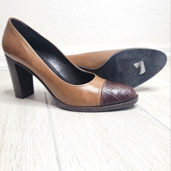JIL SANDER Brown Cap Toe Leather Block Heel Pump